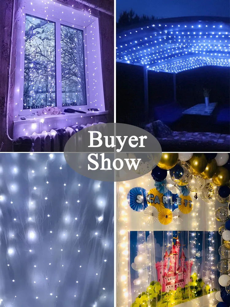 A collage showing various uses of USB fairy string lights, including window decoration and outdoor lighting.