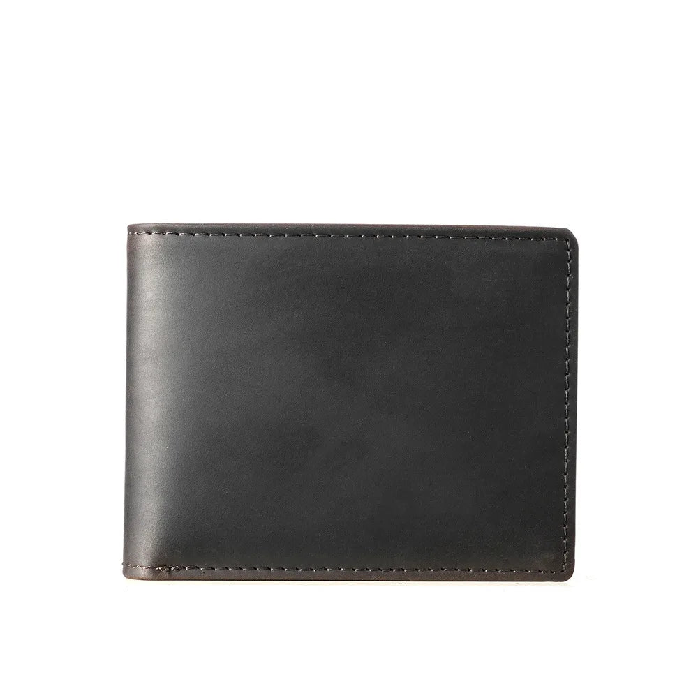 A dark gray men's genuine cowhide leather bi-fold wallet with a retro finish.