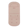 A pink cartoon baby stroller seat cushion with a contoured shape and multiple openings.