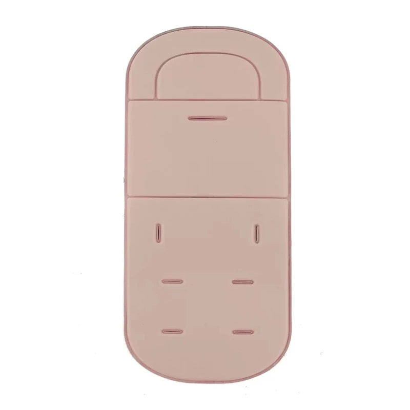 A pink cartoon baby stroller seat cushion with a contoured shape and multiple openings.