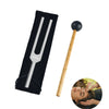 A tuning fork set includes a silver tuning fork, a wooden mallet, and a black storage bag.