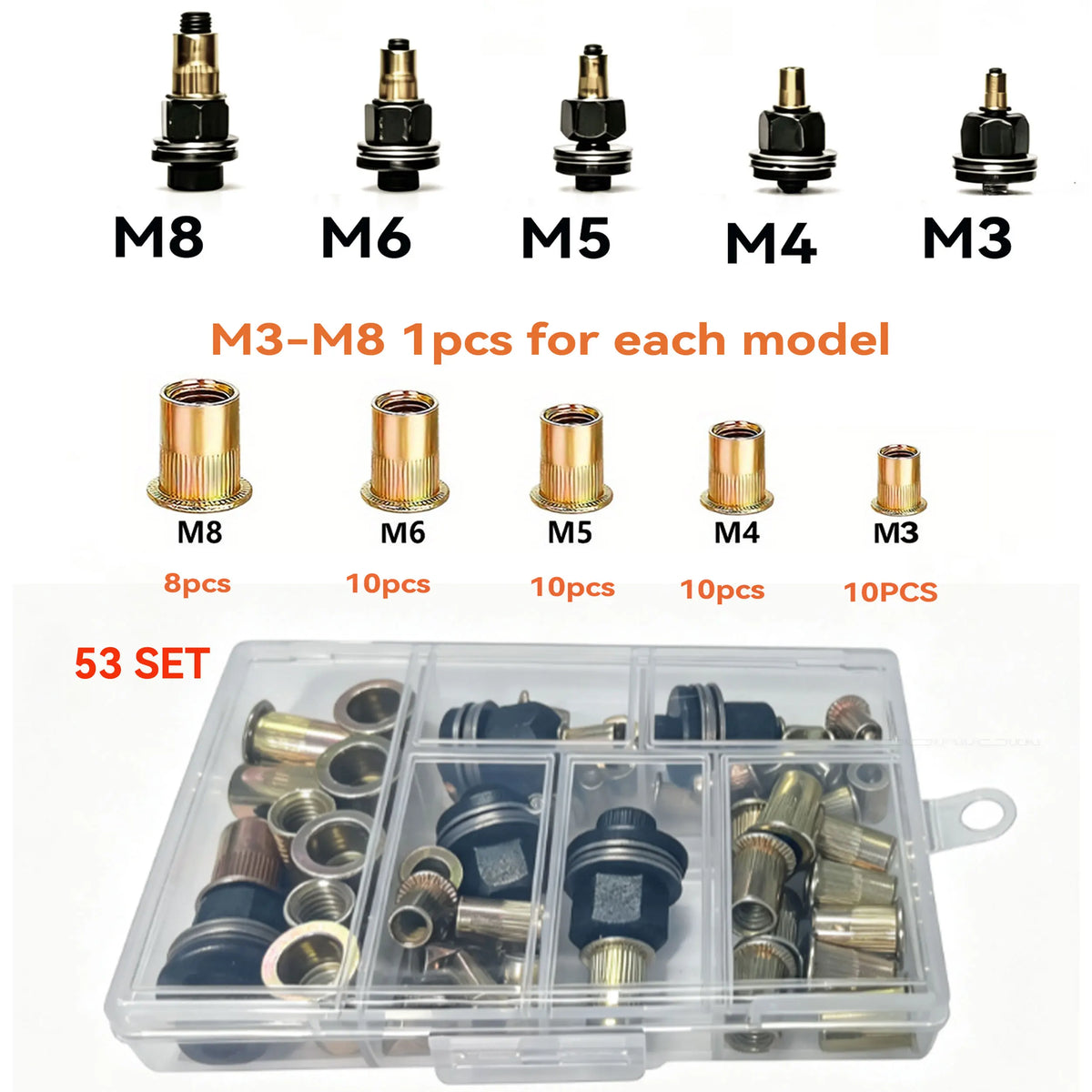 A set of manual rivet nut tools with interchangeable heads M8, M6, M5, M4, and M3, including various sizes of nuts and rivets