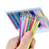 A hand holds a plastic case filled with various colored gel pen refills including glitter, metallic, pastel, and neon ink.