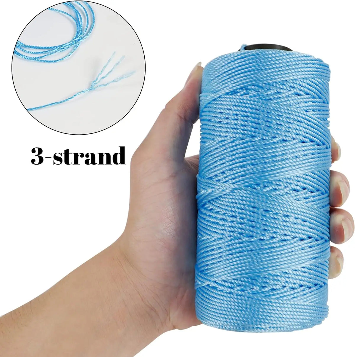 A hand holds a spool of bright blue 3-strand ice silk crochet yarn for knitting and DIY crafts.