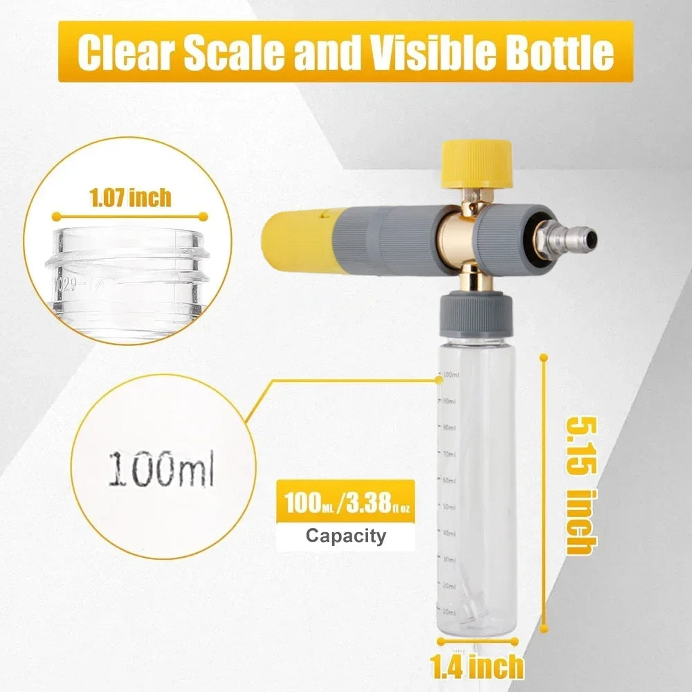 A clear glass bottle with a yellow and gray sprayer assembly is shown, demonstrating a 100ml capacity.