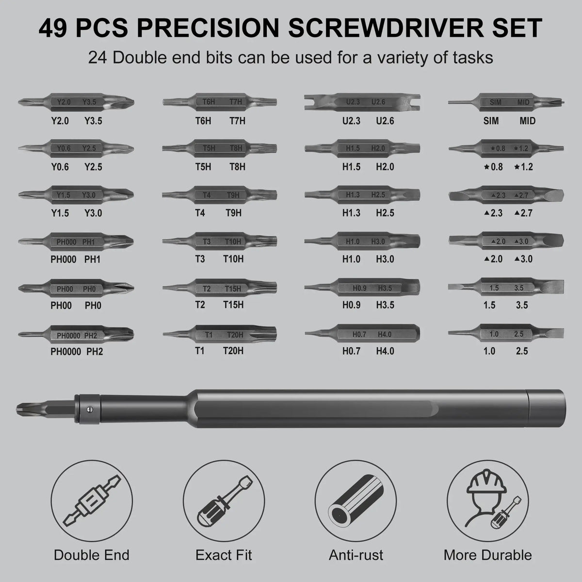 A set of 49 precision screwdriver bits and drivers for various tasks, including double-end bits and anti-rust features.