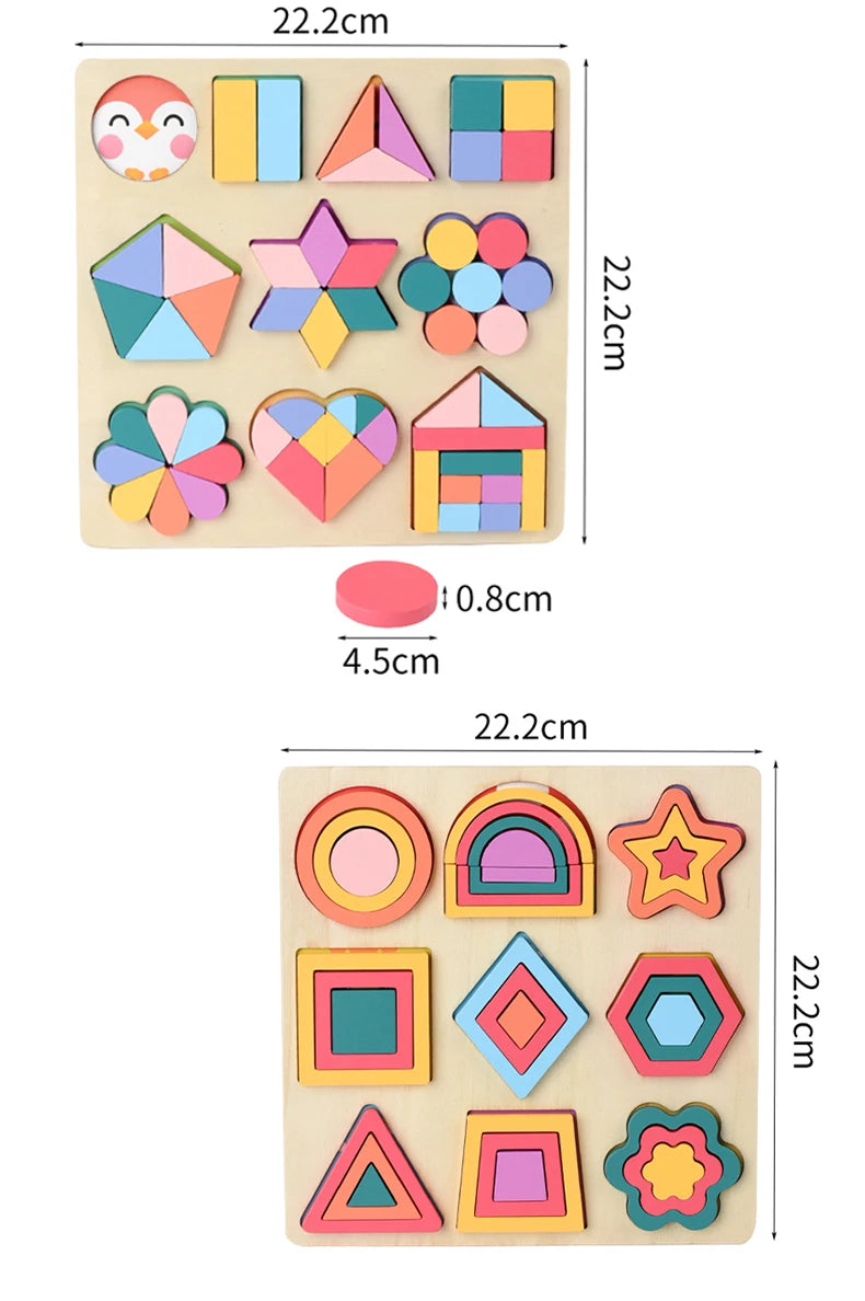 A wooden puzzle board featuring various colorful geometric shapes and patterns for children.