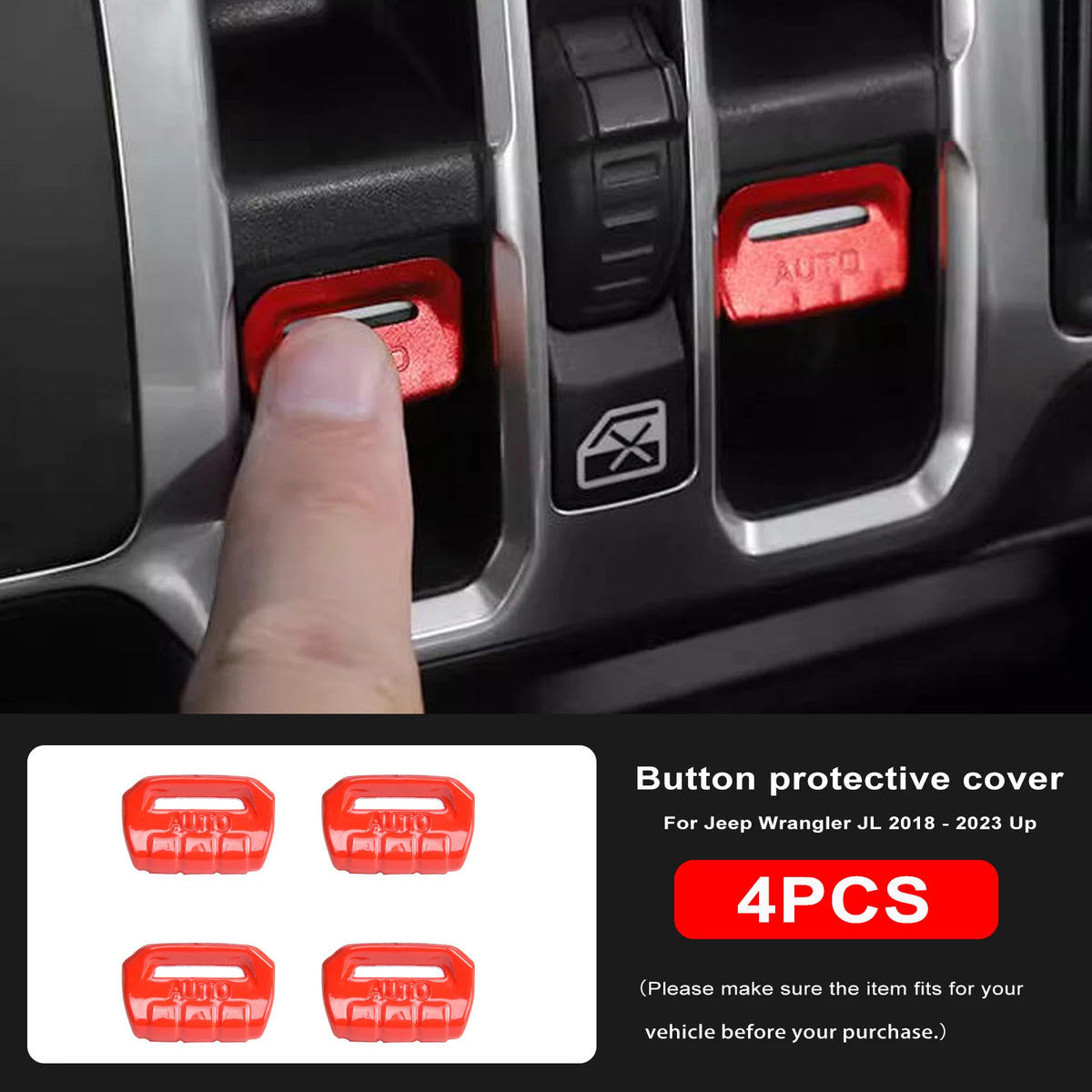 Red plastic button protective covers for Jeep Wrangler JL and Gladiator JT window switches