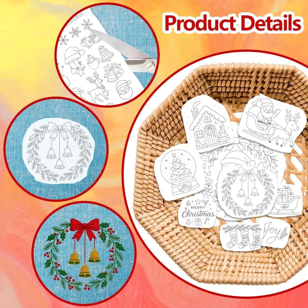 A basket filled with four sheets of white embroidery stabilizer for Christmas designs, including ornaments and reindeer.
