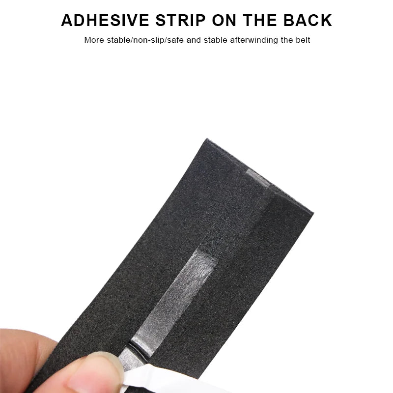 A black adhesive strip is shown being applied to a surface, demonstrating its use on the back of a product.