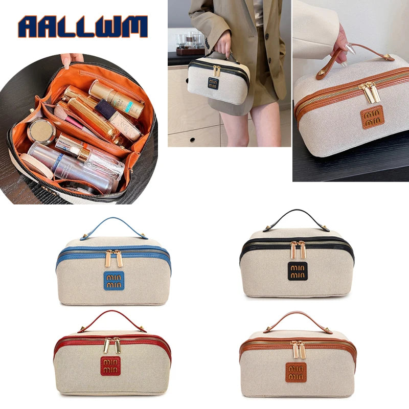 Eine Kollektion eleganter Reise-Make-Organizer-Taschen aus beige, tan und braunem Leder.