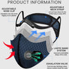 A reusable dust mask shown in various shades of blue and gray, highlighting features like an adjustable nose clip, neck strap