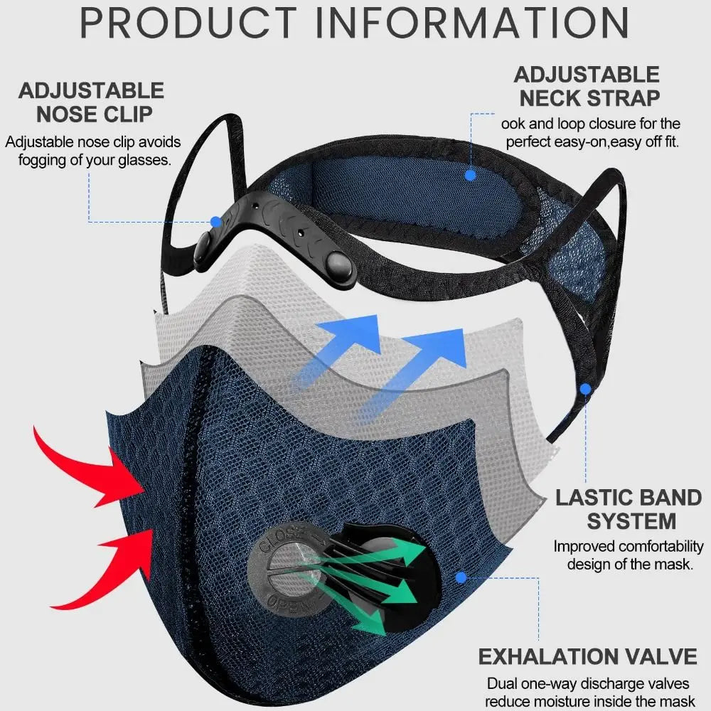A reusable dust mask shown in various shades of blue and gray, highlighting features like an adjustable nose clip, neck strap