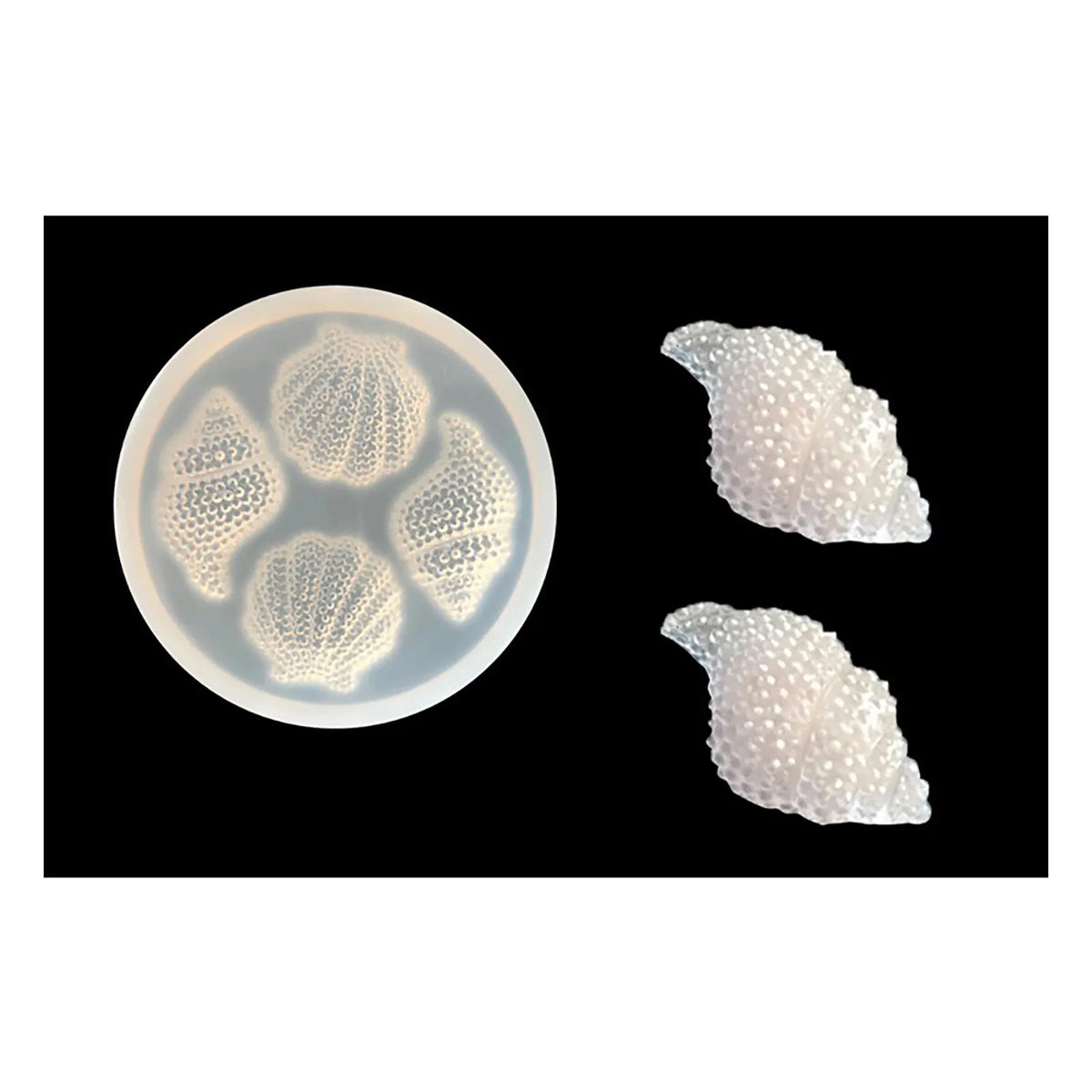 A set of fondant molds shaped like shells and starfish for cake decorating, shown in various forms.
