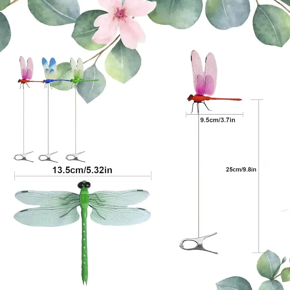 A set of lifelike dragonfly garden decor clips featuring pink and blue butterflies and a green dragonfly.