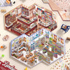 An open box of a 3D house scene sticker set featuring detailed miniature shops and buildings for scrapbooking and DIY crafts