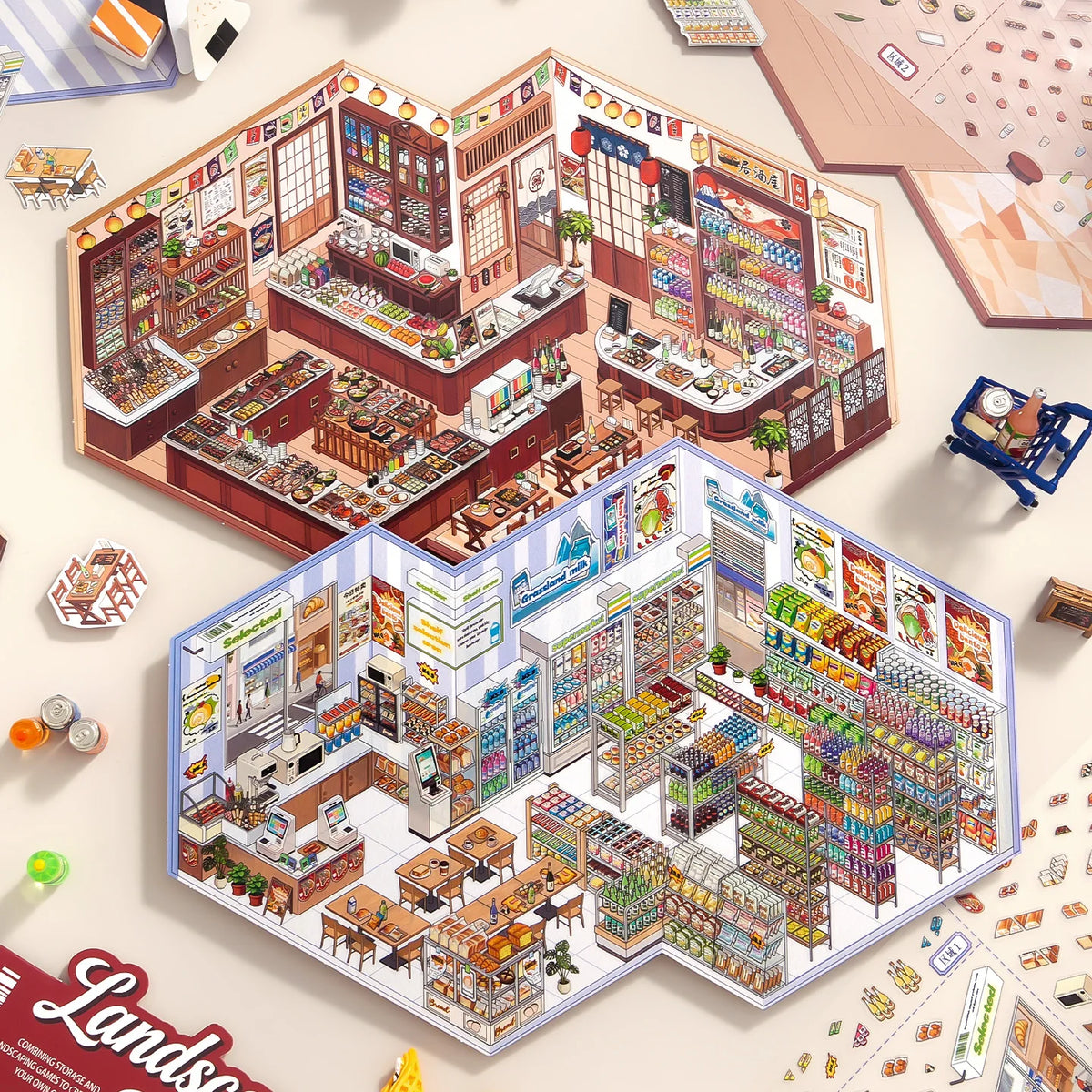 An open box of a 3D house scene sticker set featuring detailed miniature shops and buildings for scrapbooking and DIY crafts