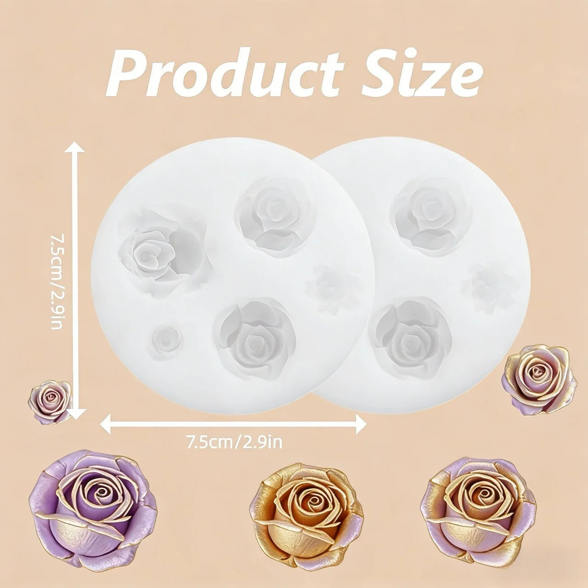 A white silicone mold shaped like a lotus flower is shown next to several finished rose-colored resin crafts.