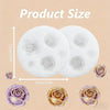 A white silicone mold with rose shapes is shown alongside real rose flowers in various shades of purple and gold.