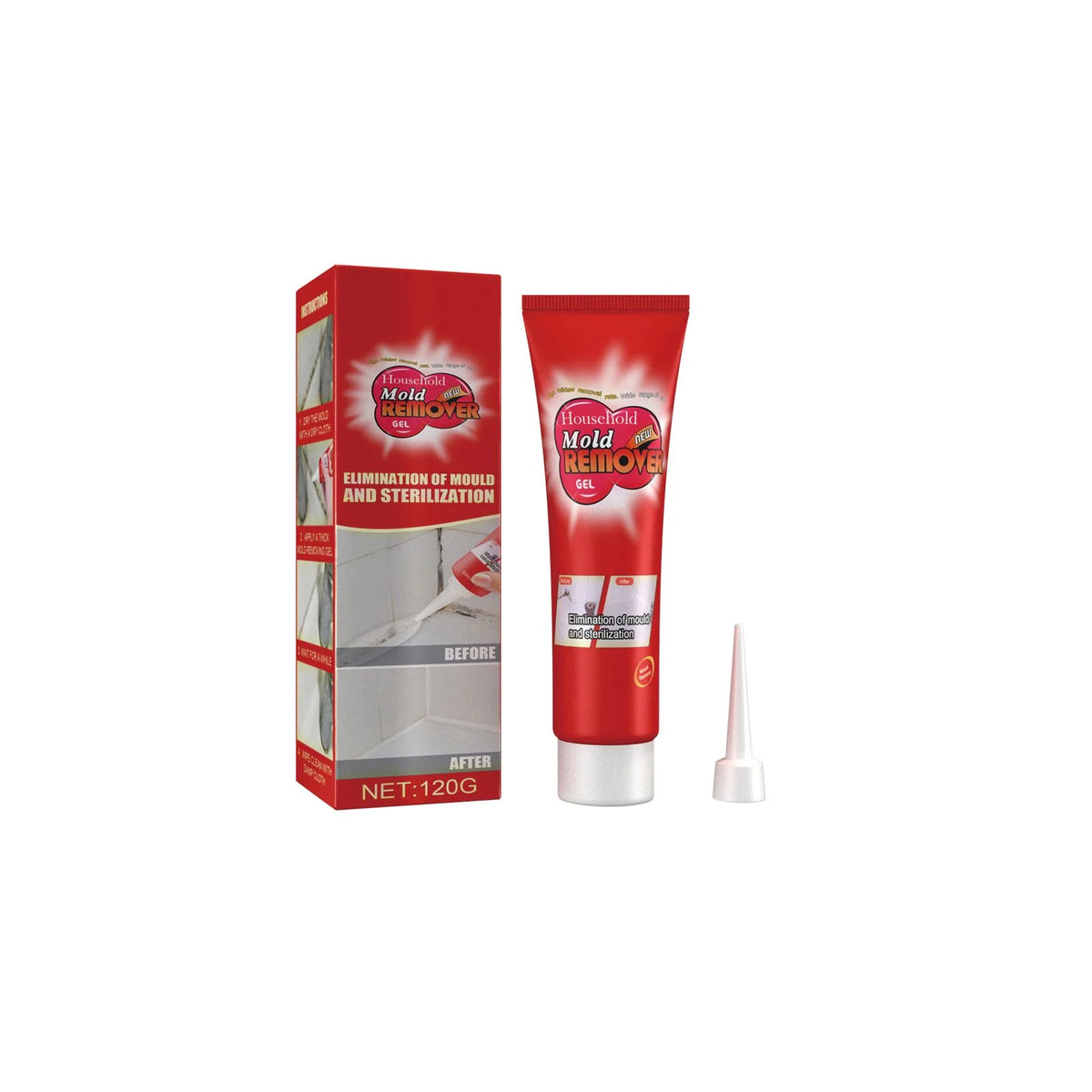 A tube of Household Mold Remover Gel with a red label and a white applicator shown next to the packaging.