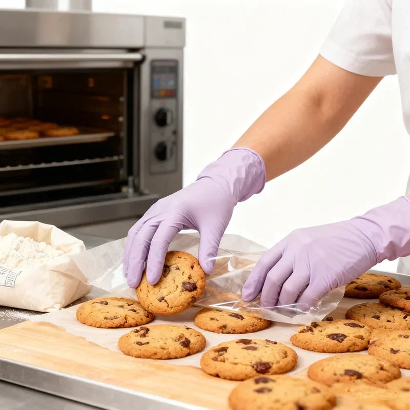 A hand wearing light purple disposable nitrile gloves is placing round cookies onto a baking sheet.