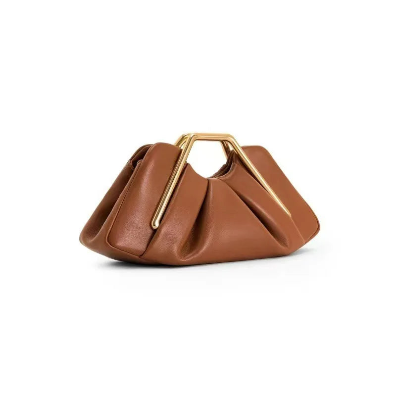 A brown soft PU leather crossbody bag with a gold-toned hardware detail.