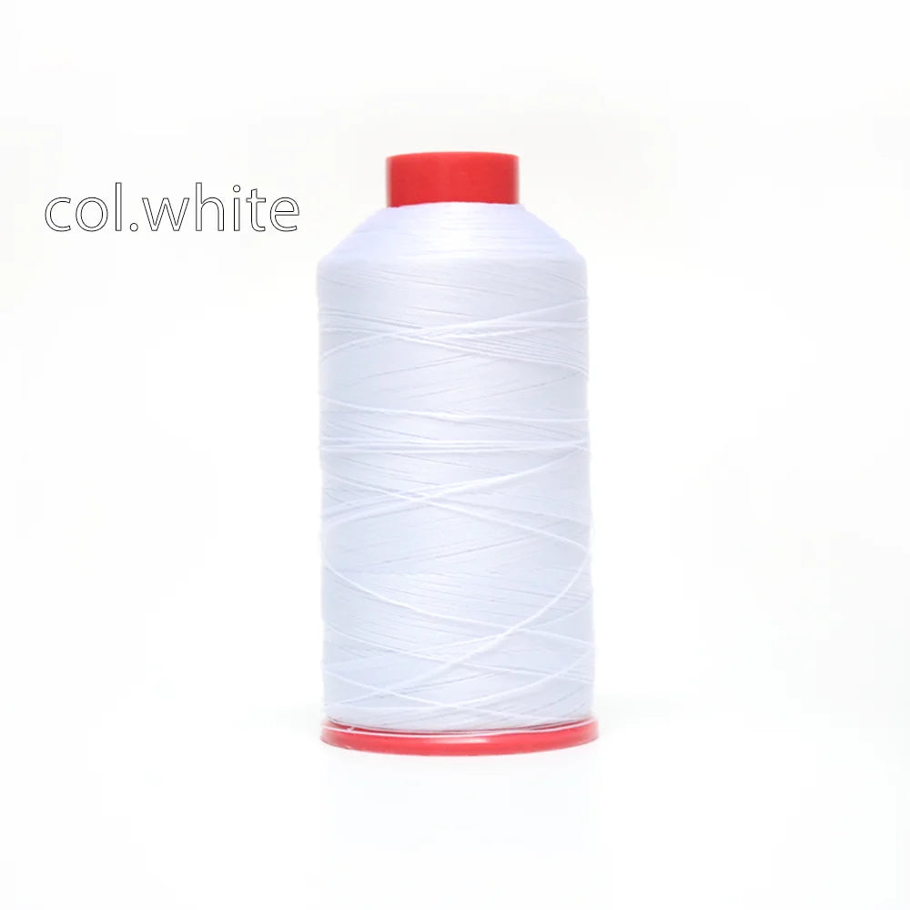A spool of white heavy-duty nylon bonded thread with a red cap.