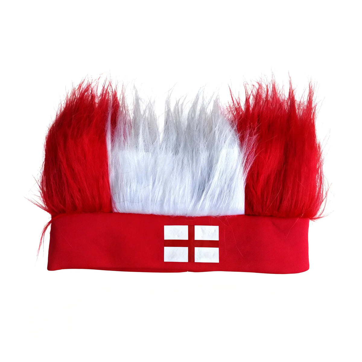 Red and white faux fur wig headband featuring a flag design.