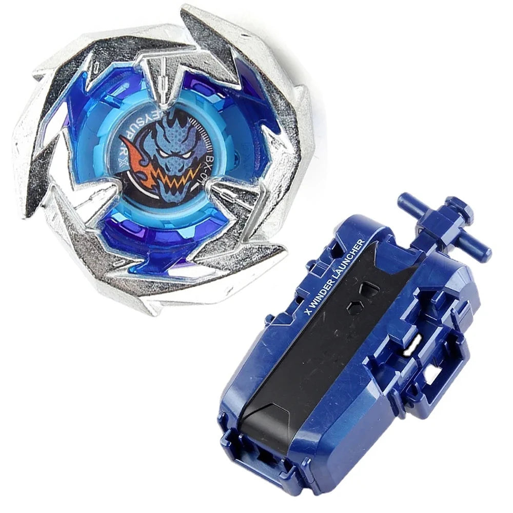 A Beyblade starter set featuring a silver and blue gyroscope with a phoenix wing and drumsword piece.