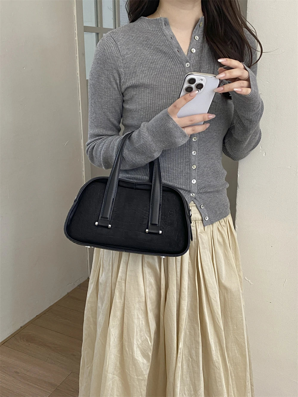 Vintage Croc-Embossed Mini Boston Bag with Dual Straps
