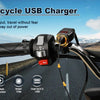 A motorcycle USB charger is shown mounted on a bike, charging a smartphone.