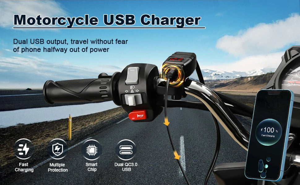 A motorcycle USB charger is shown mounted on a bike, charging a smartphone.