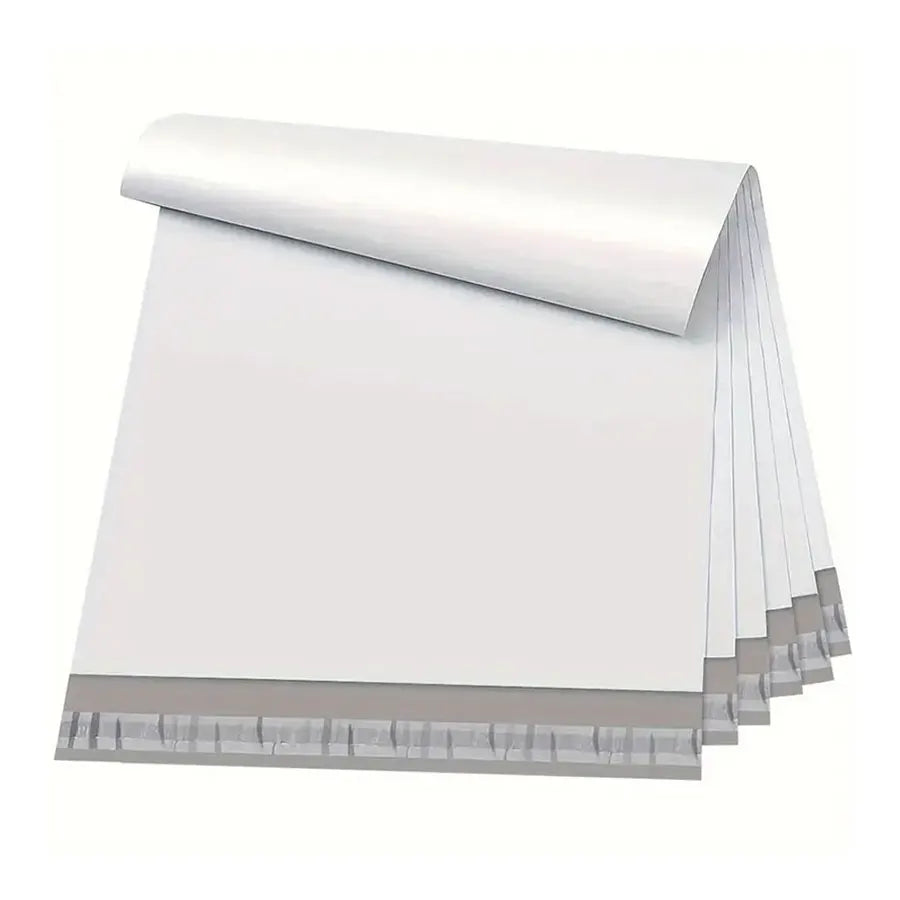 A stack of white self-adhesive waterproof mailing bags for secure shipping.