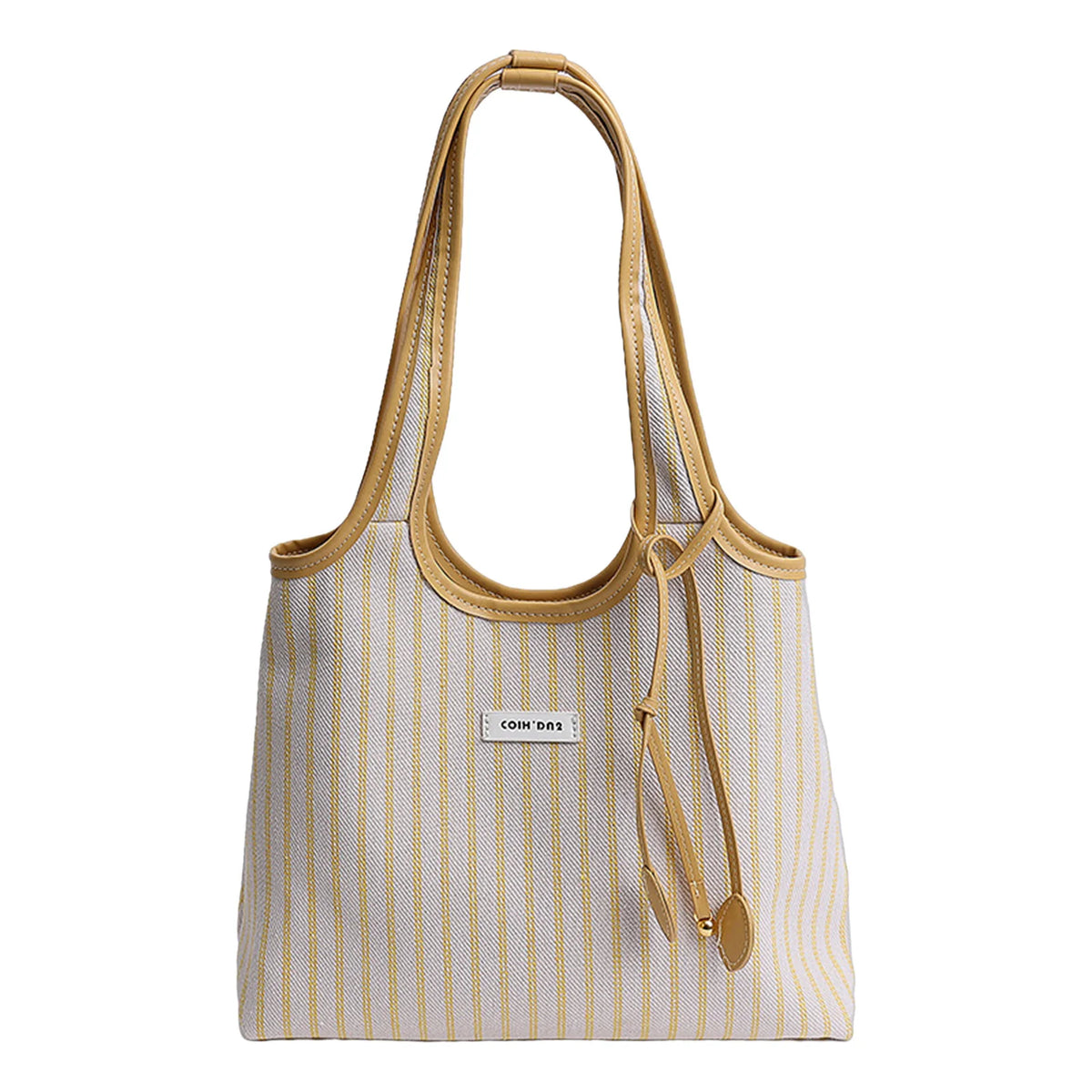 Bolso tote de lona beige a rayas con correa cruz de color caqui.