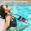 A woman floats a smartphone in water using a sponge filling design and detachable strap.