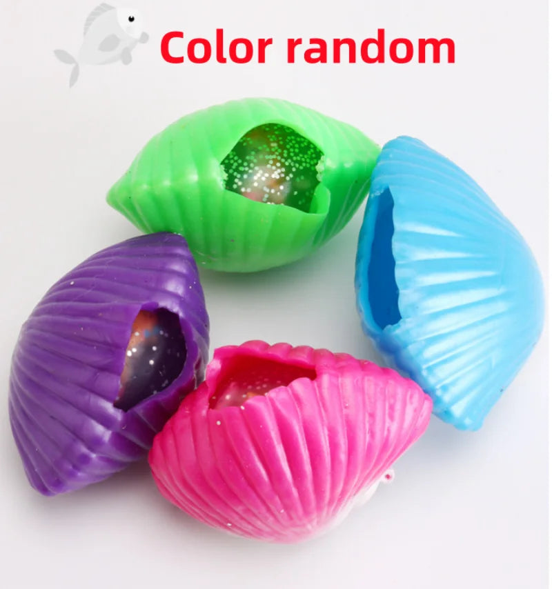 Colorful mermaid shell squeeze toys in various shades including green, blue, purple, and pink.
