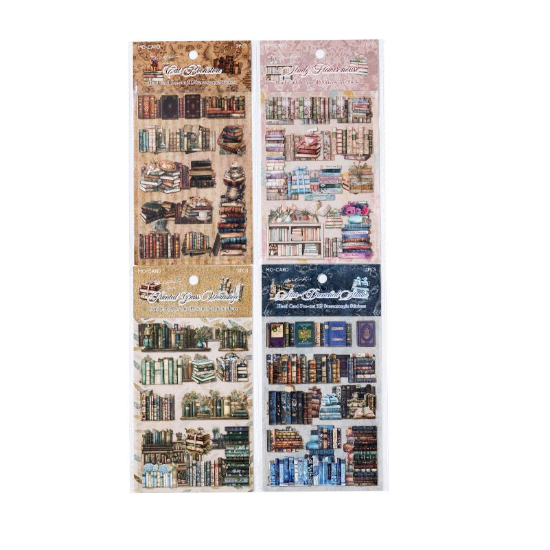 A collection of die-cut stickers featuring retro gallery scenes and various book illustrations for journaling and scrapbookin