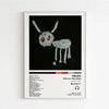 Black and white album art print featuring a stylized, horned creature against a dark background.