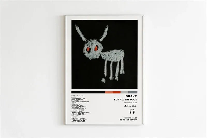 Black and white album art print featuring a stylized, horned creature against a dark background.
