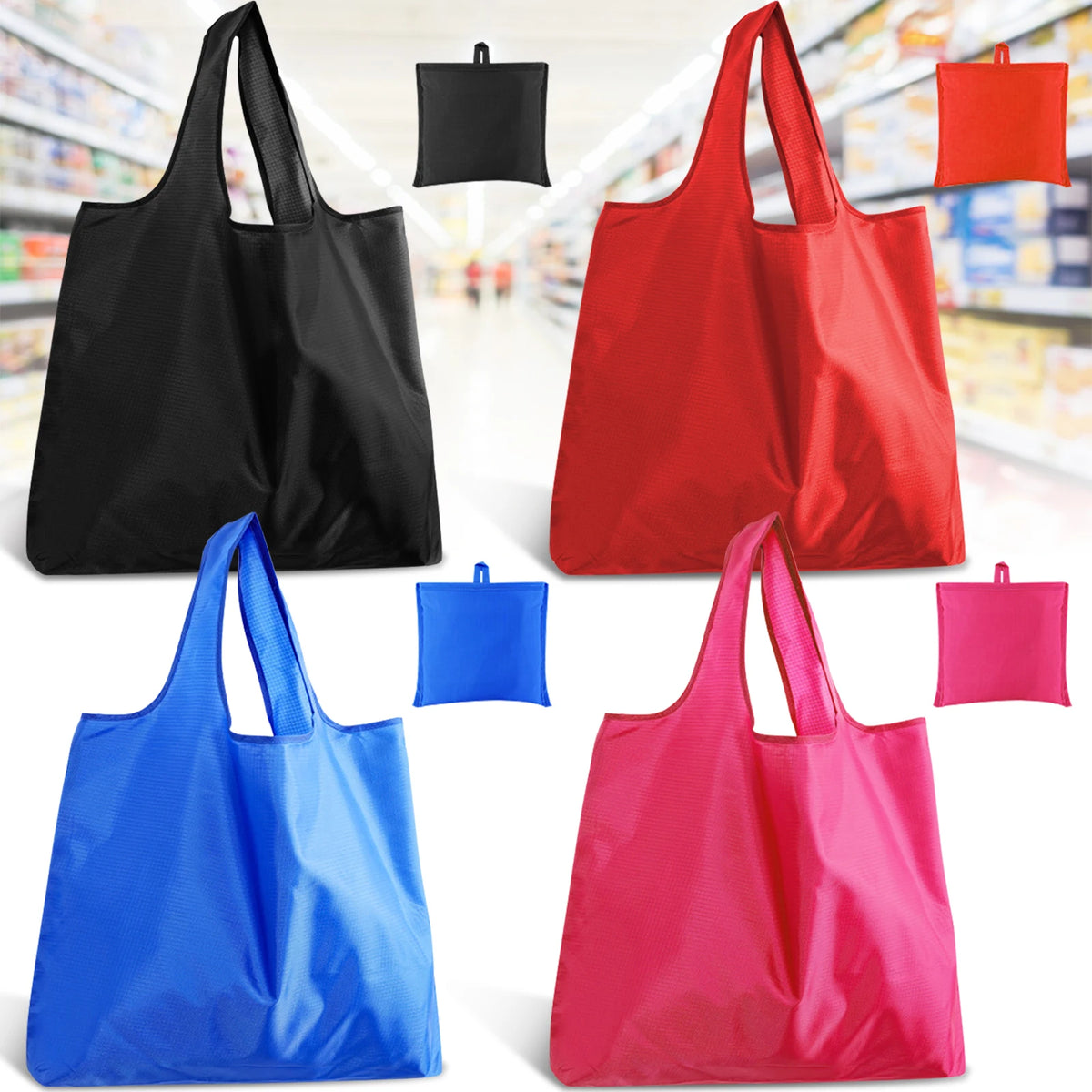 A collection of reusable grocery bags in black, red, blue, and pink, shown from the front.