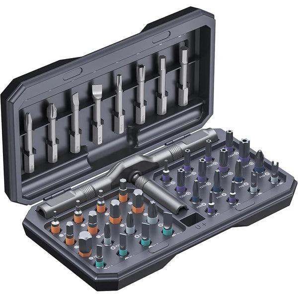 A 40-piece magnetic ratchet screwdriver set with various bits and drivers displayed in an open case.