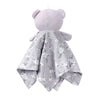 A soft lavender stuffed animal with a floral patterned fabric covering.