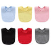 A set of five soft cotton baby bibs in light blue, yellow, pink, black, and red.