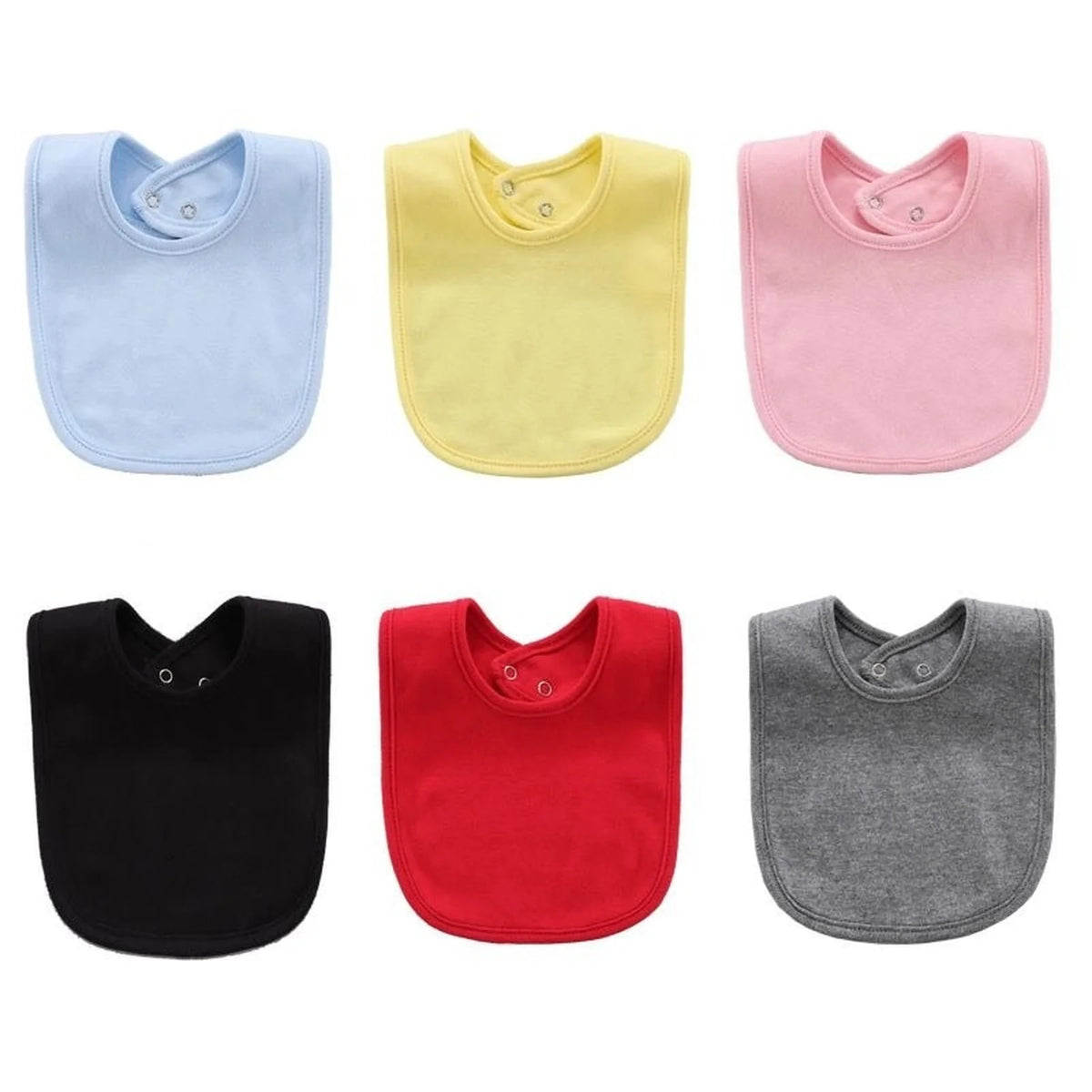A set of five soft cotton baby bibs in light blue, yellow, pink, black, and red.