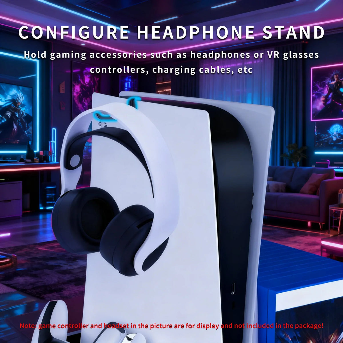 A white headphone stand is shown in a modern room with RGB lighting, designed to hold gaming accessories like headphones and 