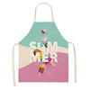 A colorful linen kitchen apron featuring illustrations of ice cream cones on a teal background.