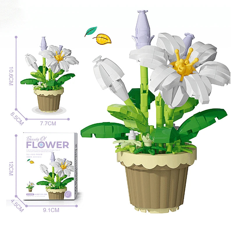 A set of creative flower pot building blocks featuring white and yellow flowers like roses, sunflowers, and carnations.