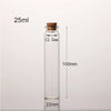 A clear glass bottle with a cork stopper, labeled 25ml, and marked dimensions of 100mm height and 22mm diameter.