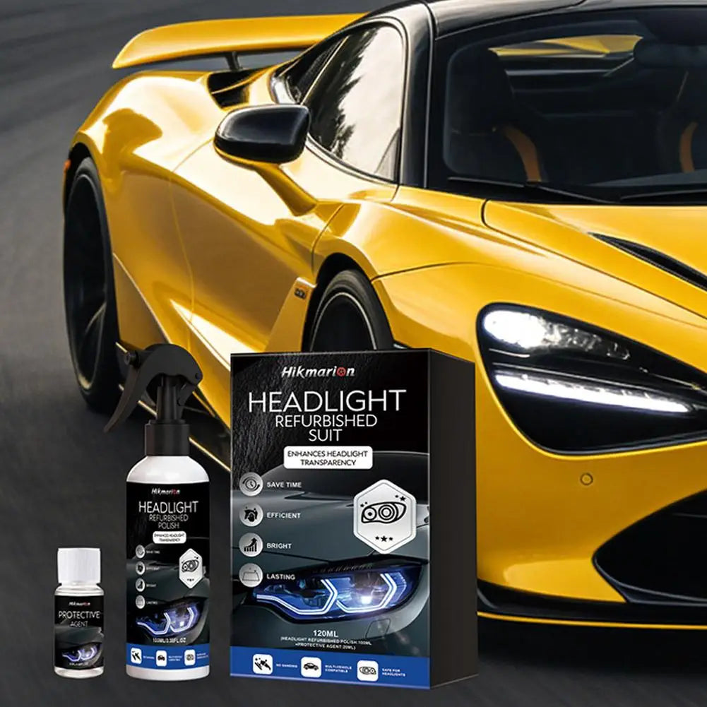 A yellow sports car headlight restoration kit is shown next to a bottle and an open box.