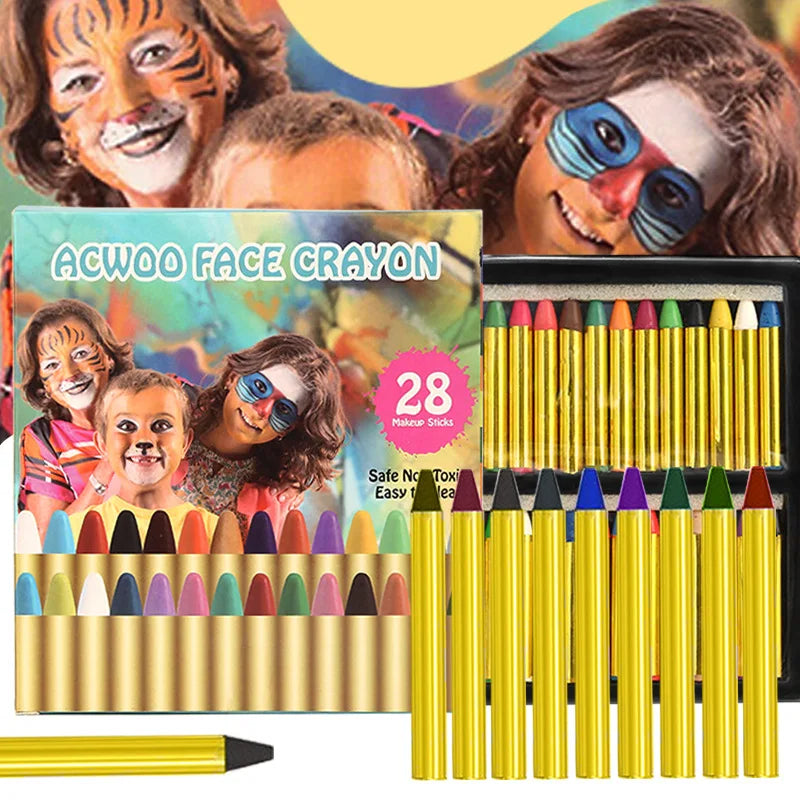 A set of ACWOO Face Crayon sticks in various colors displayed next to models wearing face paint.
